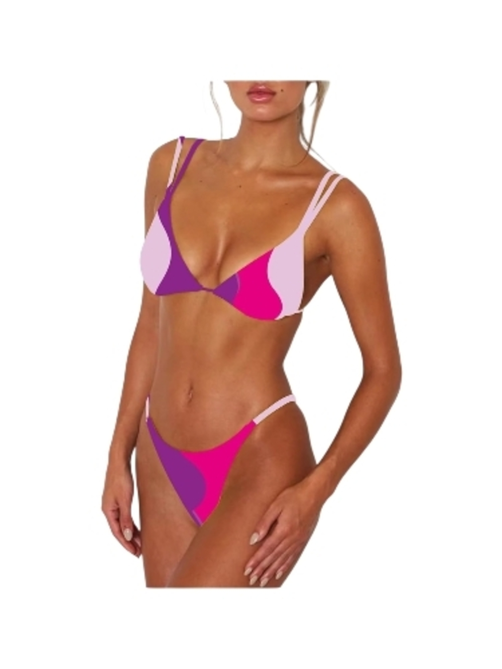 Women’s Pink & Purple Colorblock Bikini Top and Thong Bottom Set L